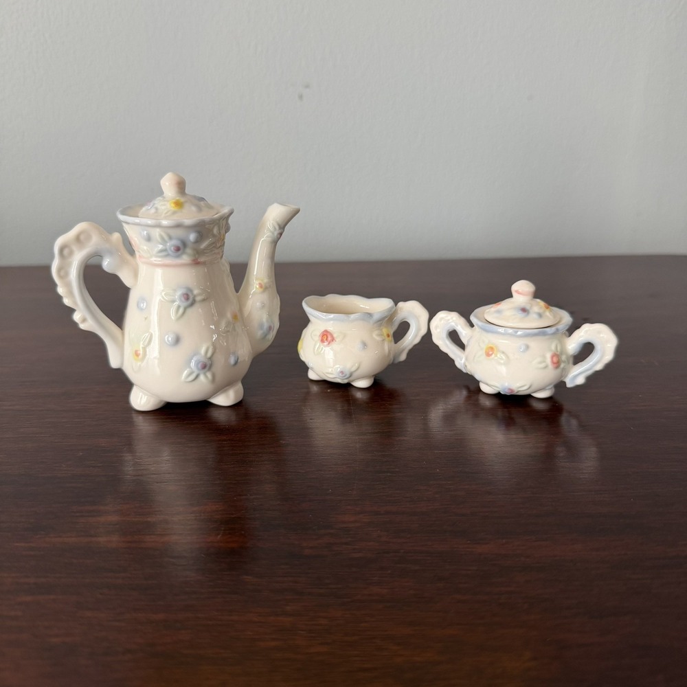 Vintage 3 piece Miniature Porcelain Tea Set White w/ Floral Design